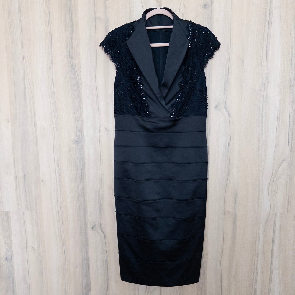 Tadashi Womens Dress Size 10 Black‎ Sequin Lace Satin Midi Formal Cocktail Chic